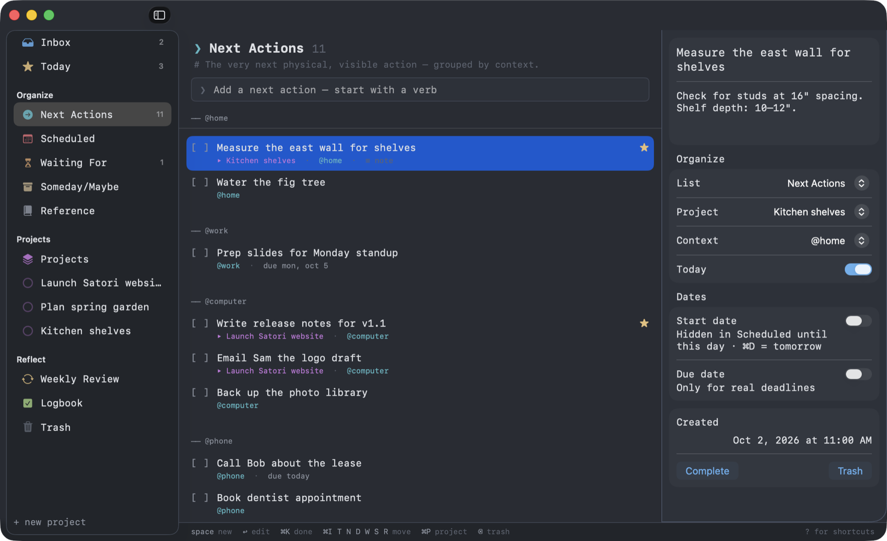 Satori's Next Actions list grouped by context, with the sidebar of GTD lists and a to-do open in the details panel
